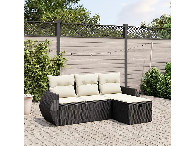 Salon de jardin 4 pcs avec coussins noir résine tressée FR86918