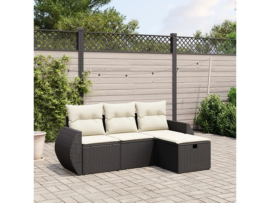 Salon de jardin 4 pcs avec coussins noir résine tressée FR86918