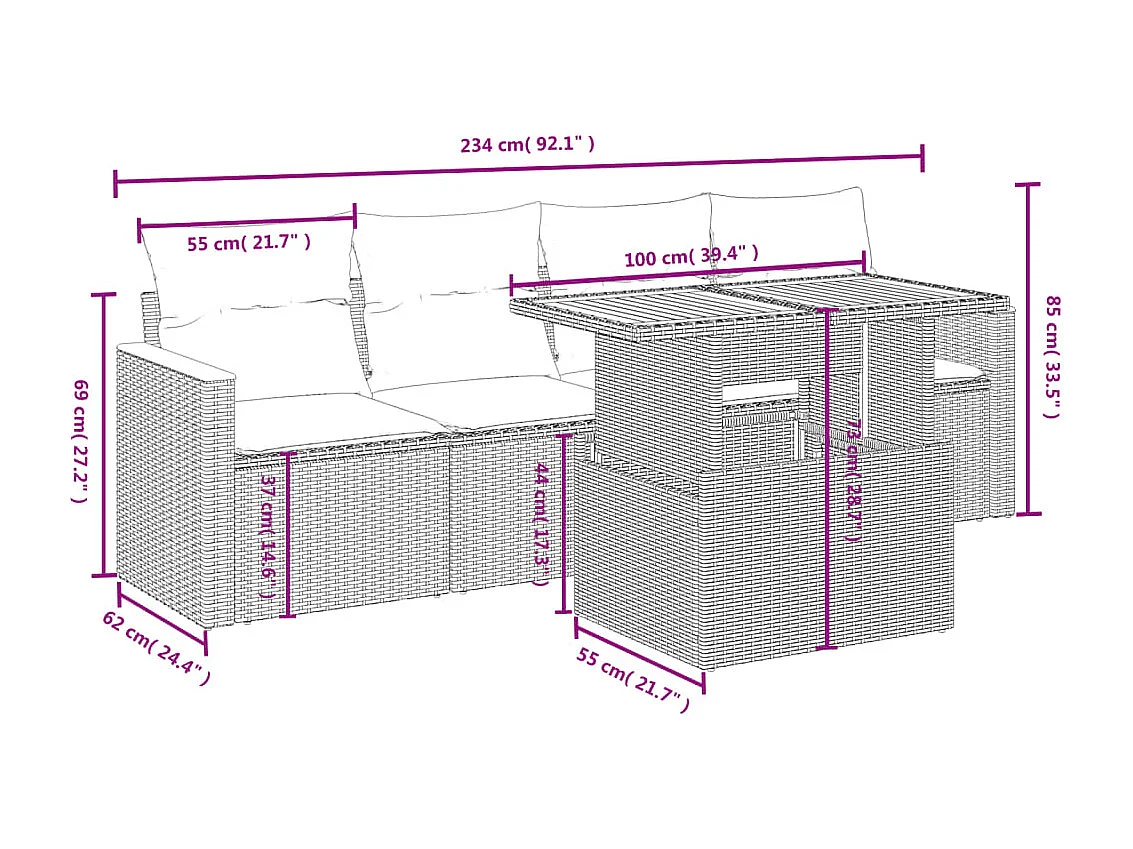 Conjunto de jardín con cojines 5 pzas ratán sintético gris ES682771
