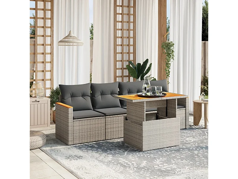 Salon de jardin 5 pcs avec coussins gris résine tressée FR12105