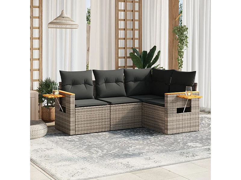 Salon de jardin 4 pcs avec coussins gris résine tressée FR12305
