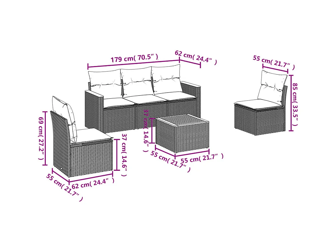 6 pcs conjunto sofás de jardim c/ almofadões vime PE preto PT641924