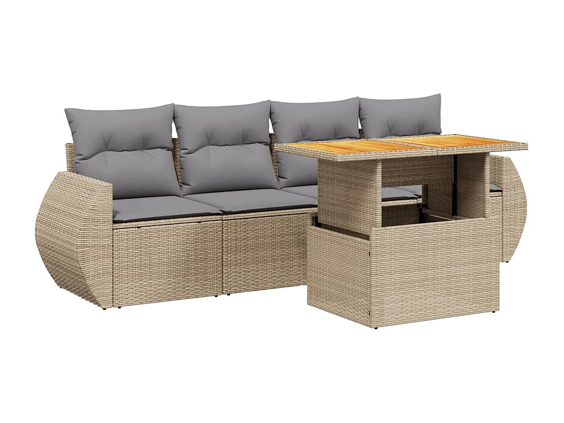 5 pcs conjunto de sofás p/ jardim com almofadões vime PE bege PT186836