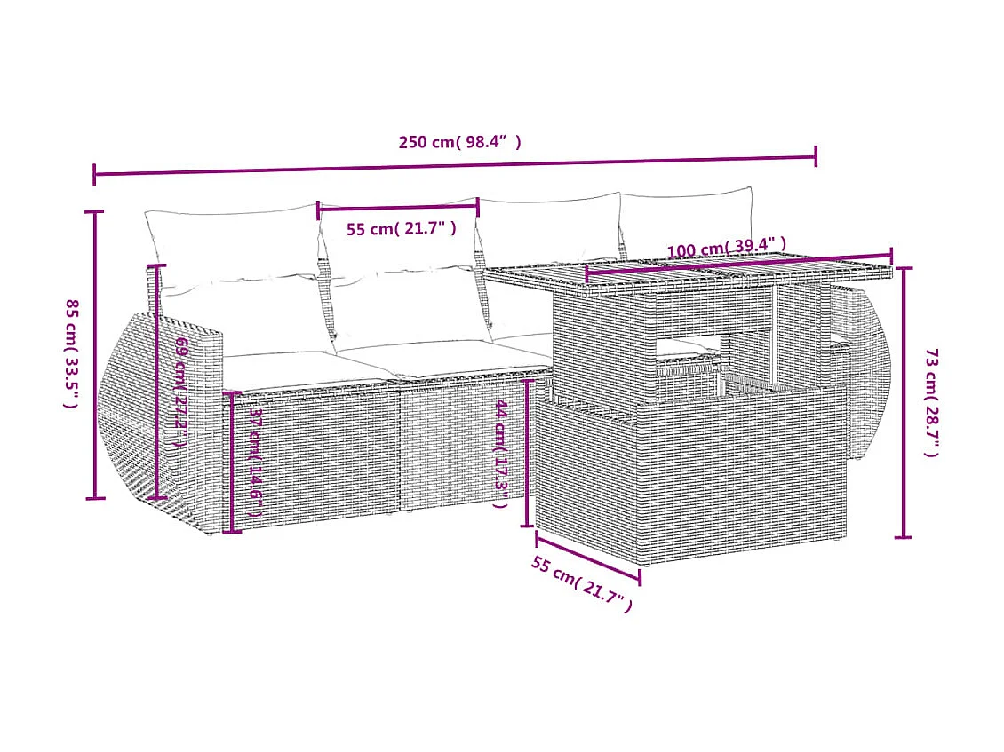 5 pcs conjunto de sofás p/ jardim com almofadões vime PE bege PT186836
