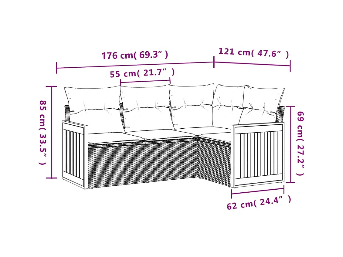 Salon de jardin 4 pcs avec coussins noir résine tressée FR79719