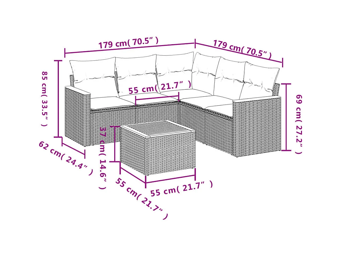 6 pcs conjunto sofás de jardim com almofadões vime cinzento PT601852