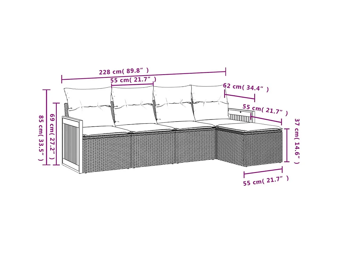 5 pcs conjunto sofás de jardim c/ almofadões vime PE cinzento PT359948