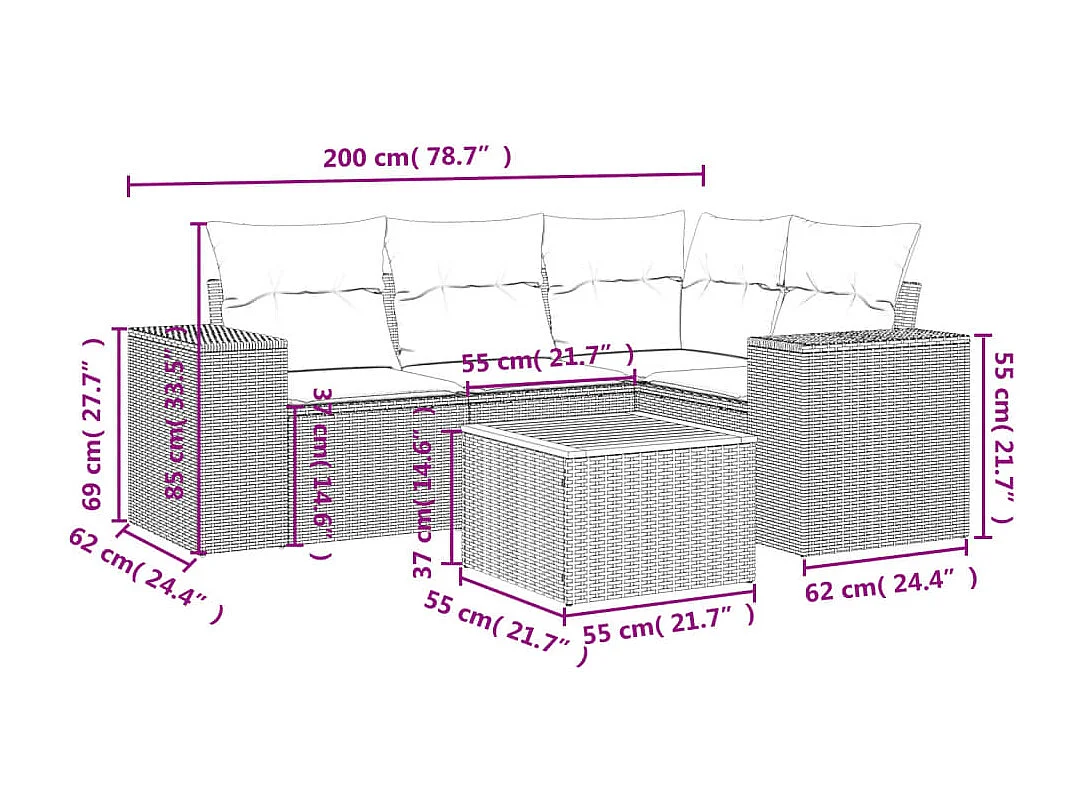 5 pcs conjunto sofás de jardim c/ almofadões vime PE cinzento PT272323