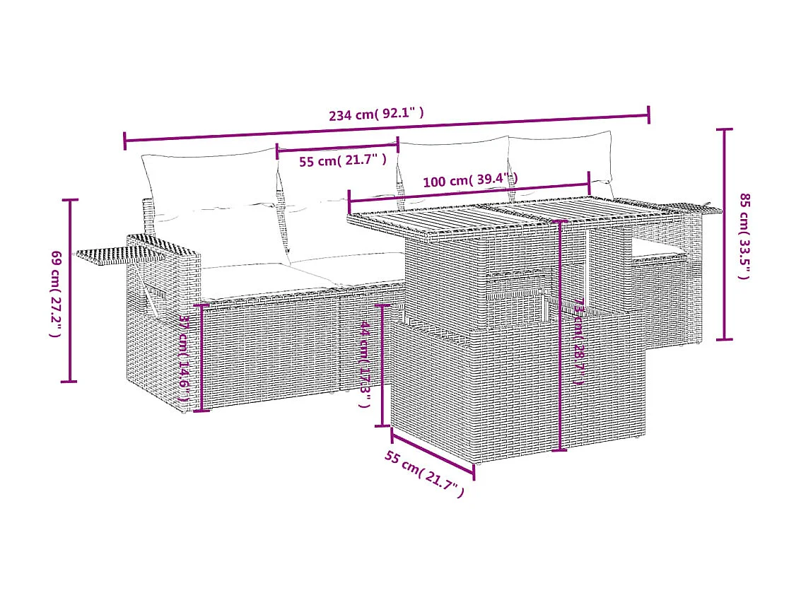 5 pcs conjunto de sofás p/ jardim com almofadões vime PE bege PT183965
