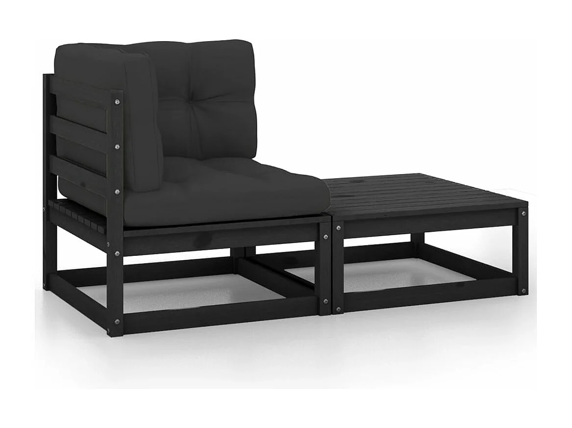 2 pcs conjunto lounge jardim c/ almofadões pinho maciço preto PT236707
