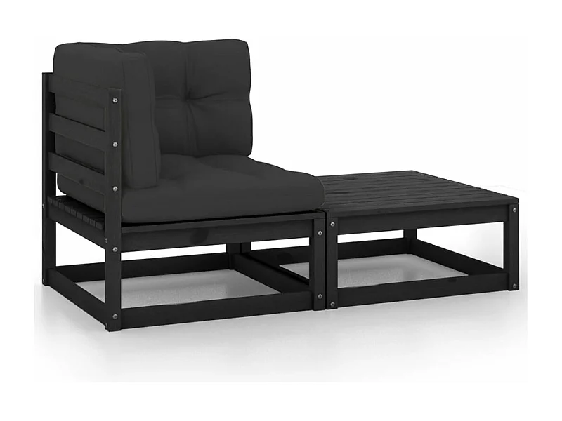 2 pcs conjunto lounge jardim c/ almofadões pinho maciço preto PT236707