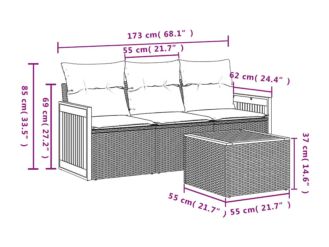 Salon de jardin 4 pcs avec coussins gris résine tressée FR87461