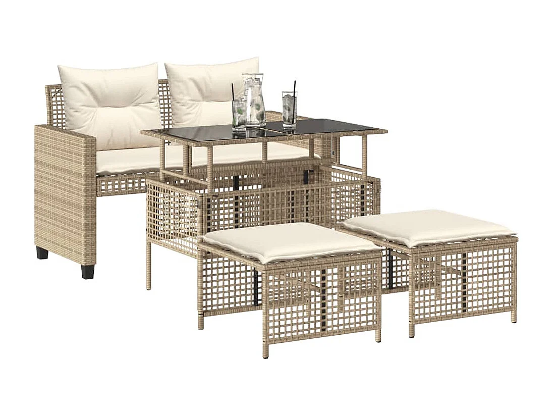 Salon de jardin avec coussins 4 pcs beige résine tressée verre FR44007