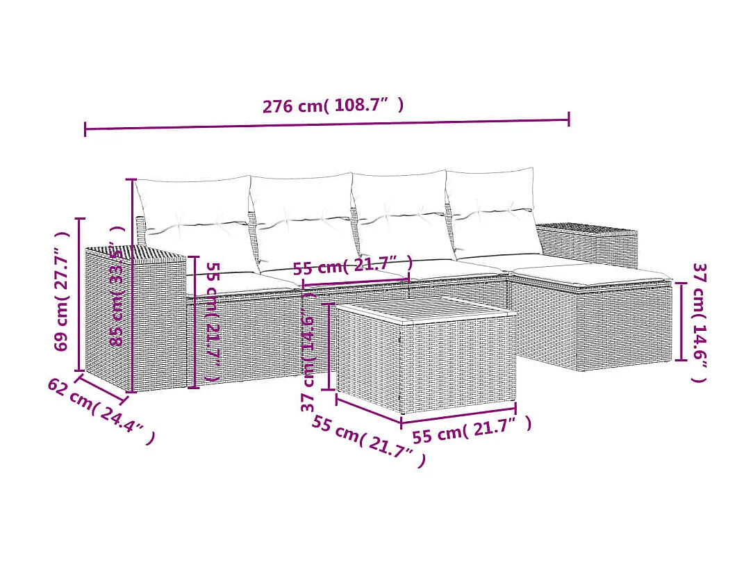 6 pcs conjunto sofás de jardim com almofadões vime cinzento PT206795