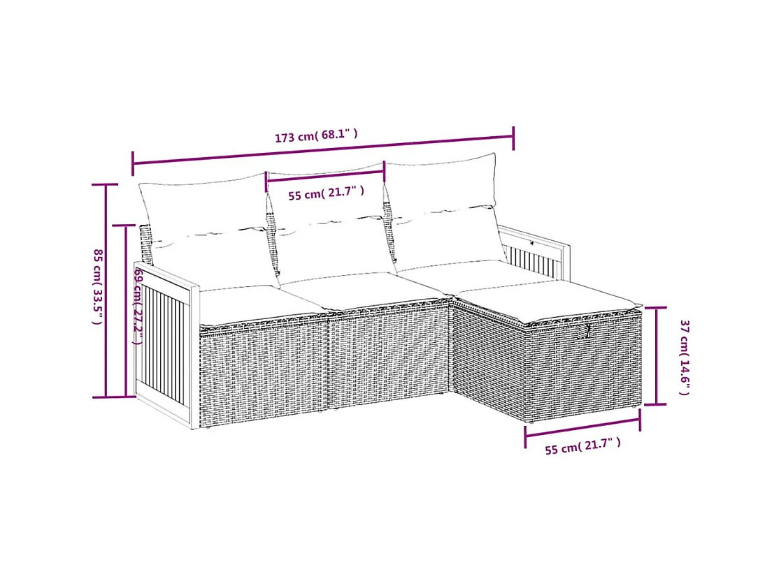 4 pcs conj. sofás jardim c/ almofadões vime PE bege misturado PT549070