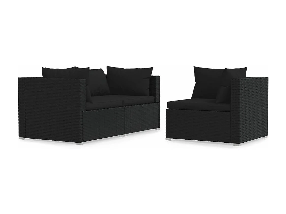 3 pcs conjunto lounge de jardim c/ almofadões vime PE preto PT510376