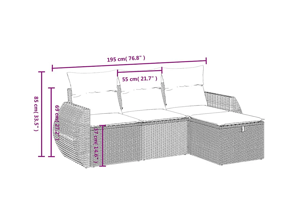 4 pcs conjunto sofás de jardim c/ almofadões vime PE cinzento PT314684