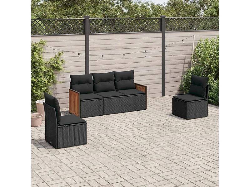 5-delige Loungeset met kussens poly rattan zwart BE190322