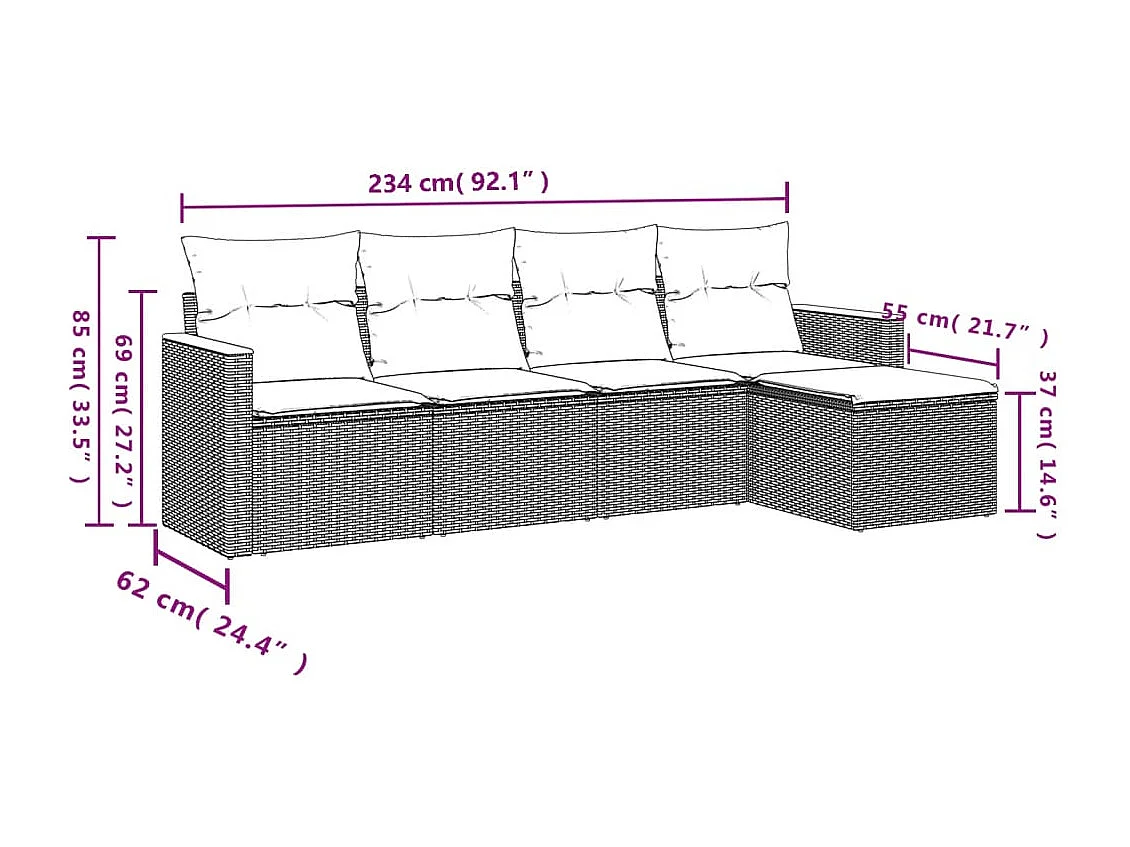 5 pcs conjunto sofás de jardim com almofadões vime PE preto PT759324