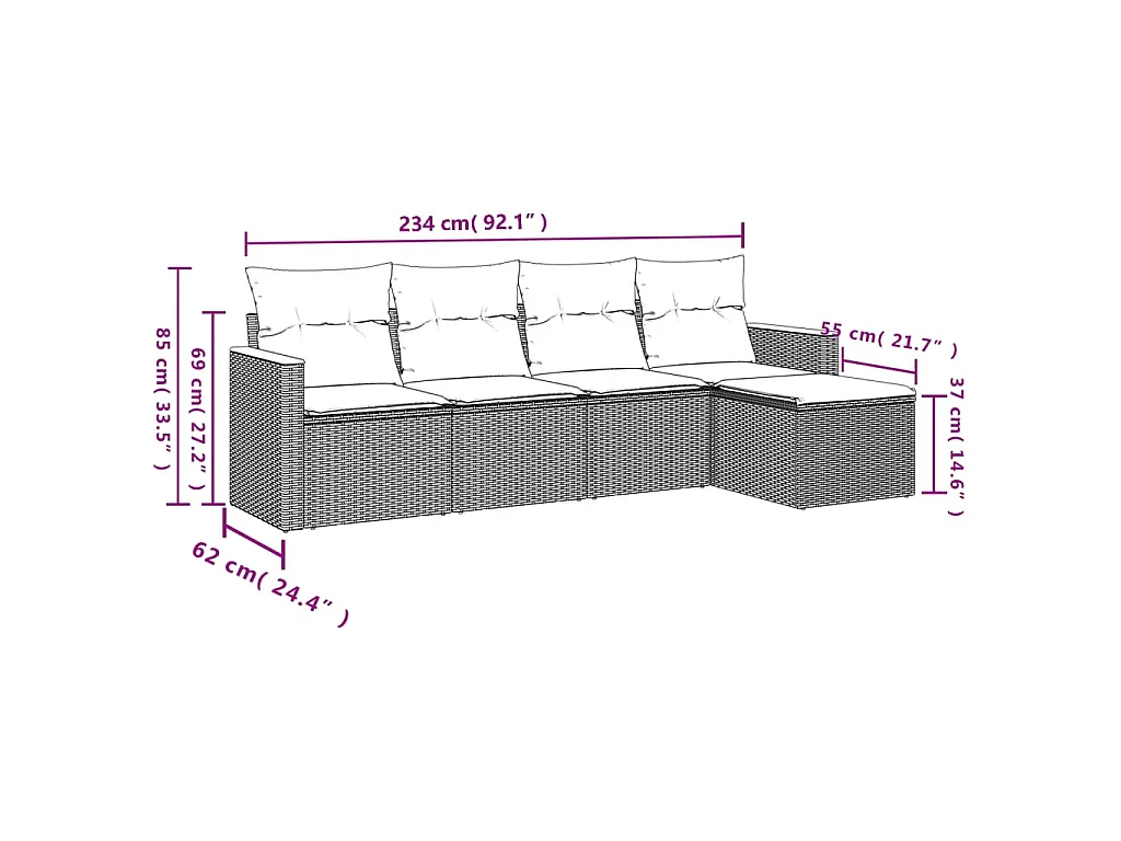 5 pcs conjunto sofás de jardim com almofadões vime PE preto PT759324