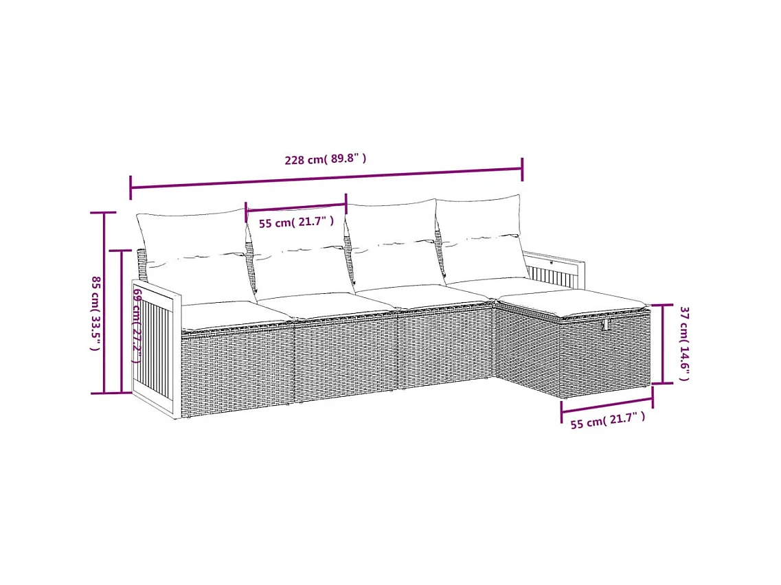 5 pcs conjunto sofás de jardim c/ almofadões vime PE cinzento PT614417