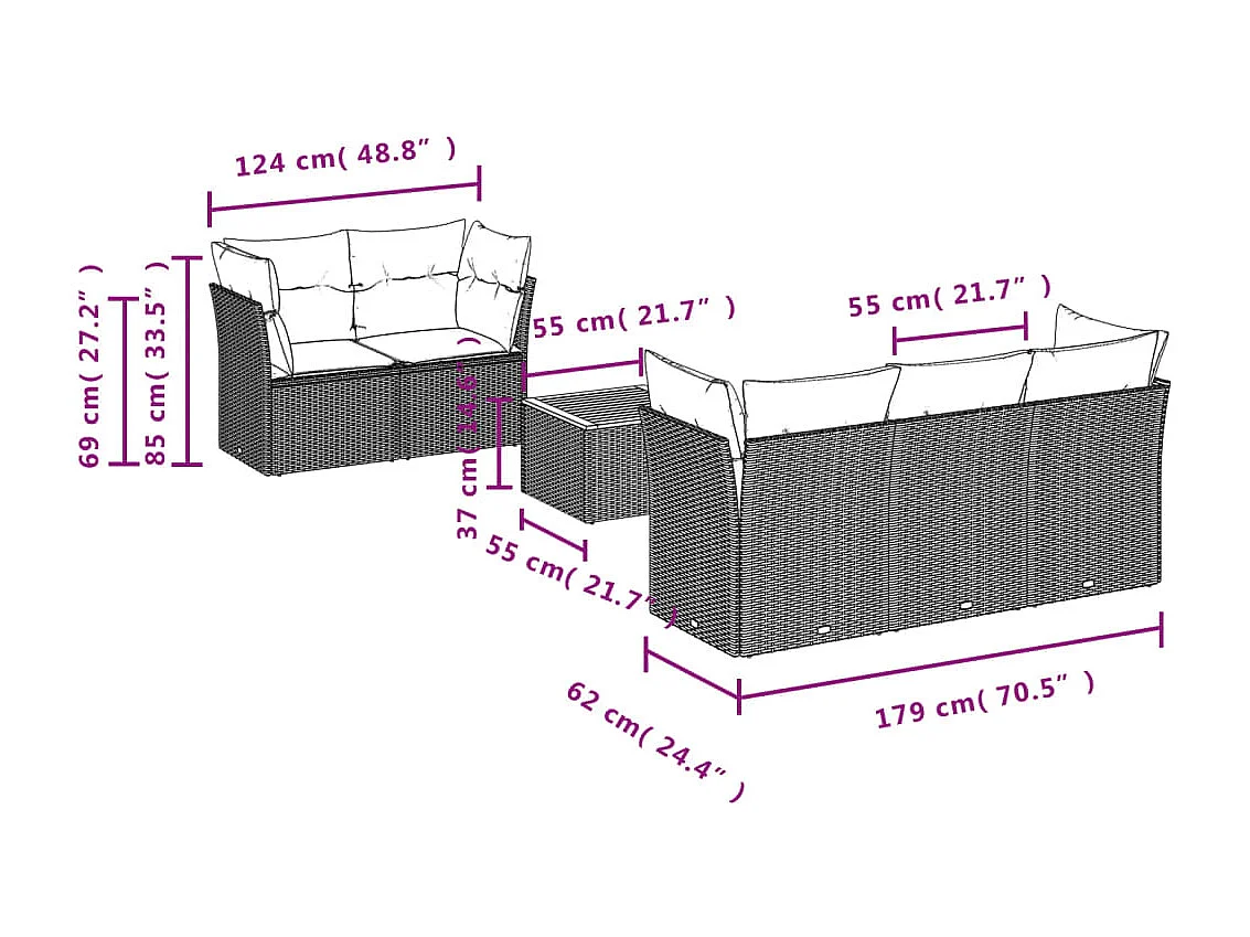 6 pcs conjunto sofás de jardim c/ almofadões vime PE preto PT627360