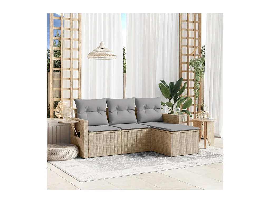 4 pcs conjunto de sofás para jardim c/ almofadões vime PE bege PT366091
