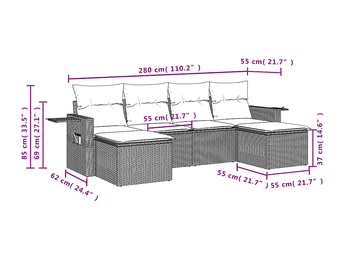6 pcs conjunto de sofás p/ jardim com almofadões vime PE bege PT140808