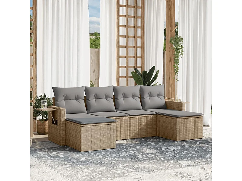 6 pcs conjunto de sofás p/ jardim com almofadões vime PE bege PT140808