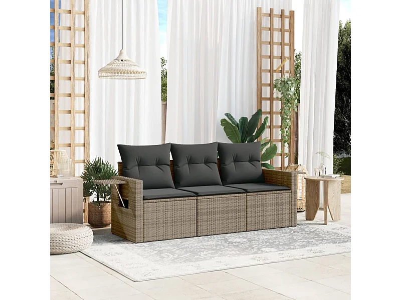 Salon de jardin avec coussins 3 pcs gris résine tressée FR92102