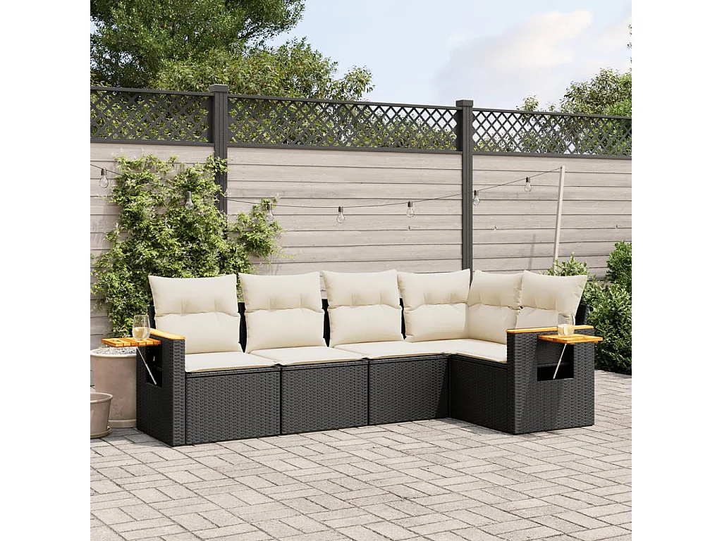 5-delige Loungeset met kussens poly rattan zwart BE482423