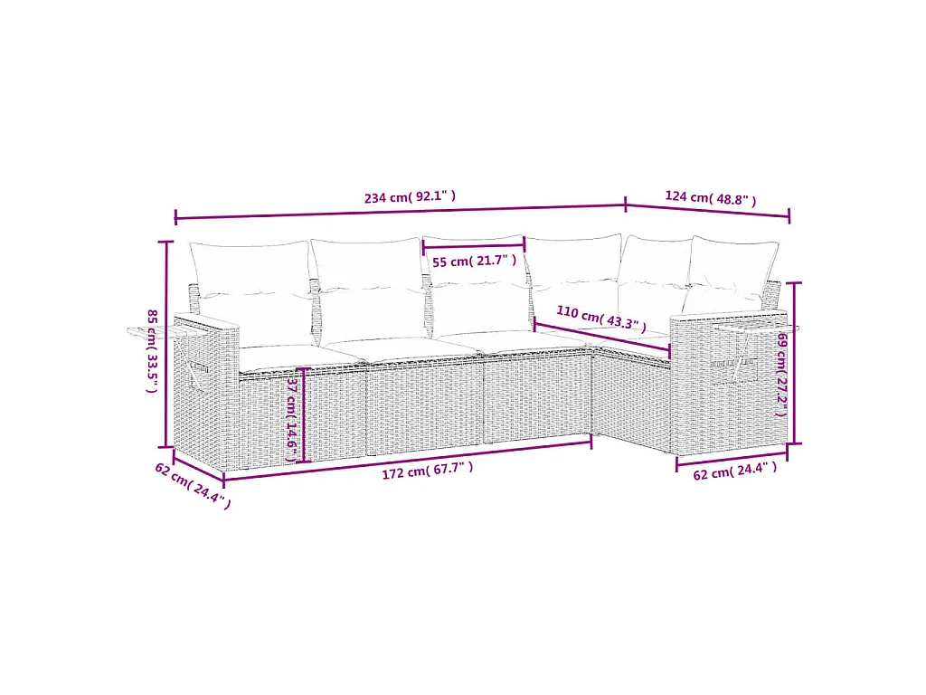 5-delige Loungeset met kussens poly rattan zwart BE482423