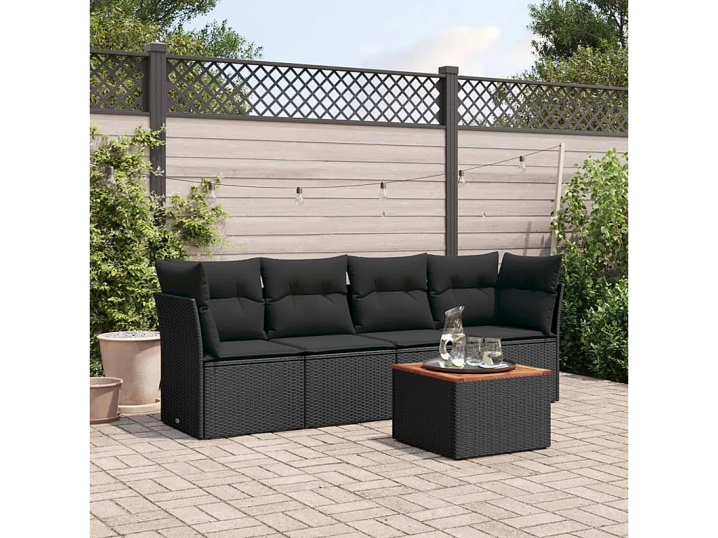 5 pcs conjunto sofás de jardim com almofadões vime PE preto PT840697