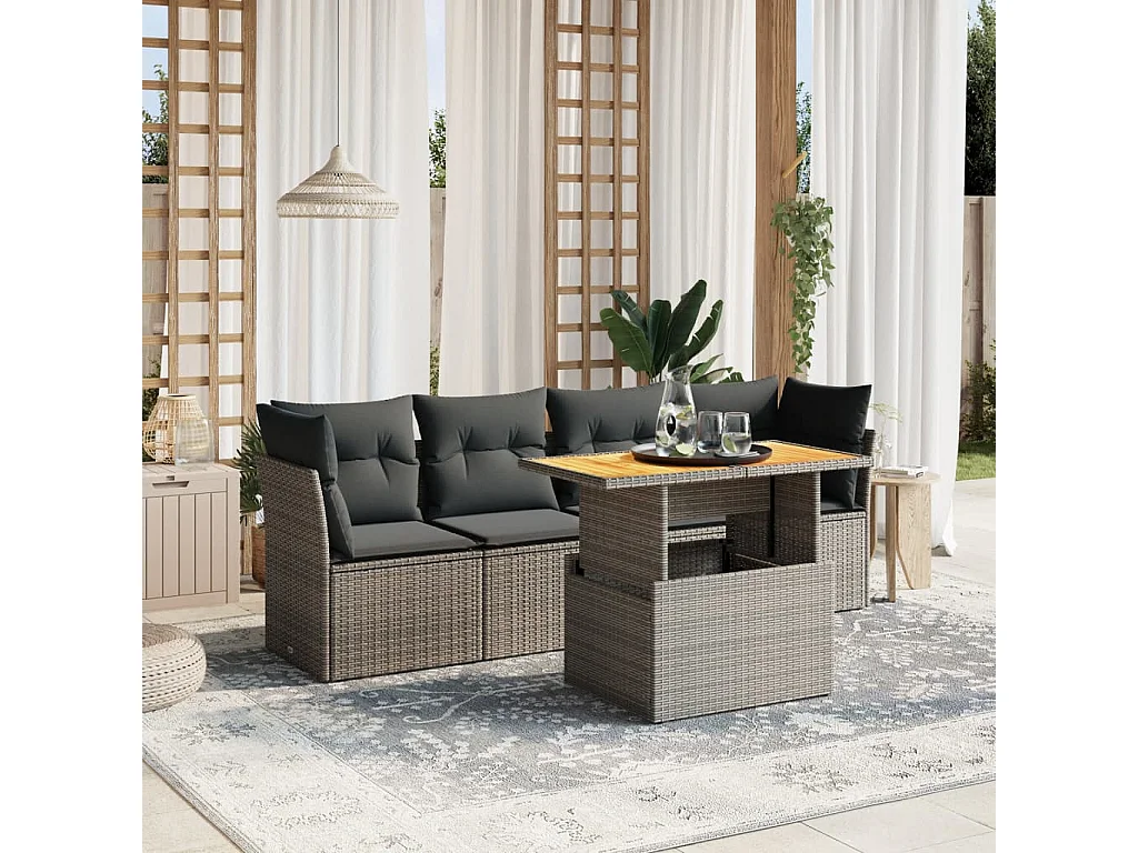 5-delige Loungeset met kussens poly rattan grijs BE655676