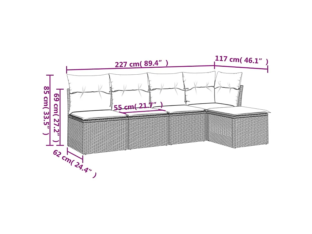 5 pcs conjunto sofás p/ jardim c/ almofadões vime PE castanho PT564627