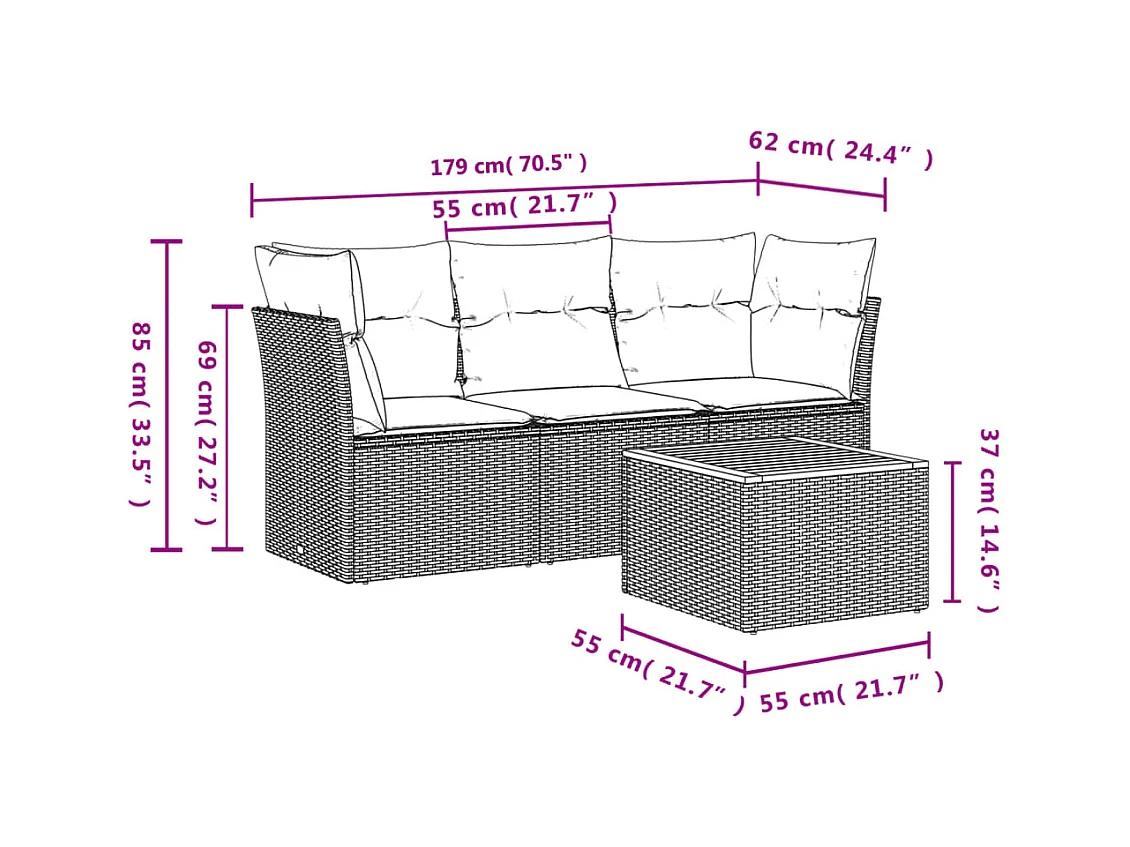 Salon de jardin 4 pcs avec coussins noir résine tressée FR37472