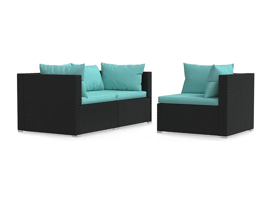 3 pcs conjunto lounge de jardim c/ almofadões vime PE preto PT474678