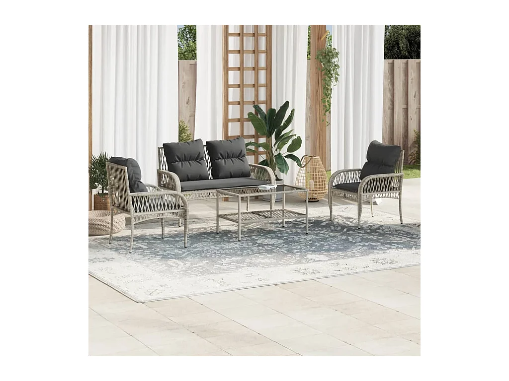 Salon de jardin 4 pcs avec coussins gris clair résine tressée FR12590