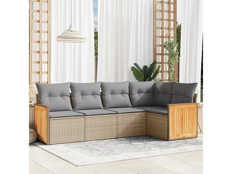 5 pcs conjunto de sofás p/ jardim com almofadões vime PE bege PT823919