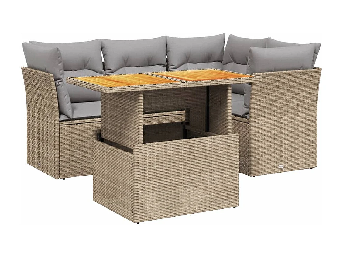 5 pcs conjunto de sofás p/ jardim com almofadões vime PE bege PT177806