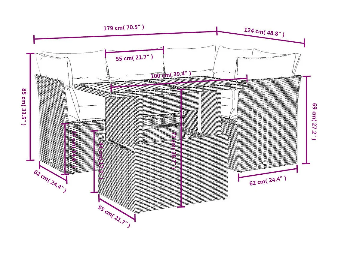 5 pcs conjunto de sofás p/ jardim com almofadões vime PE bege PT177806