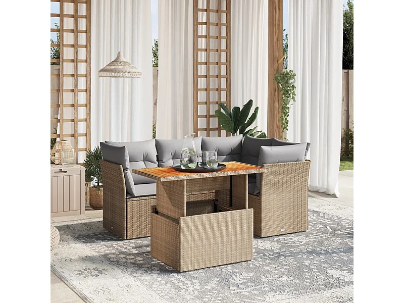 5 pcs conjunto de sofás p/ jardim com almofadões vime PE bege PT177806