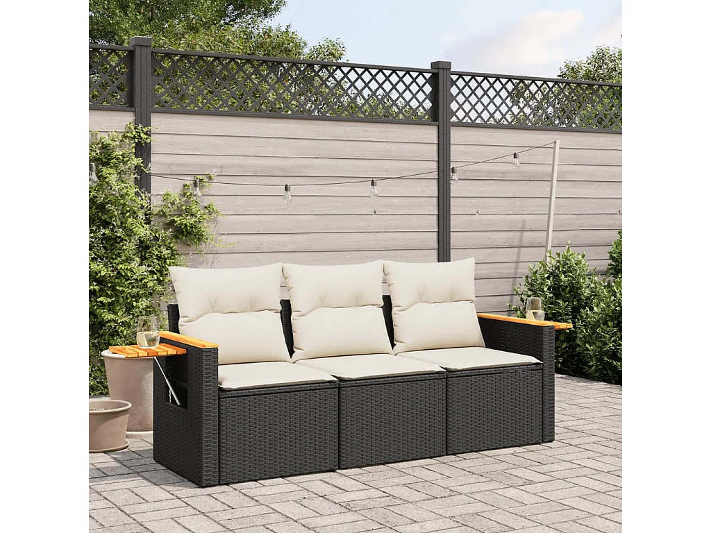 Salon de jardin 3 pcs avec coussins noir résine tressée FR95438
