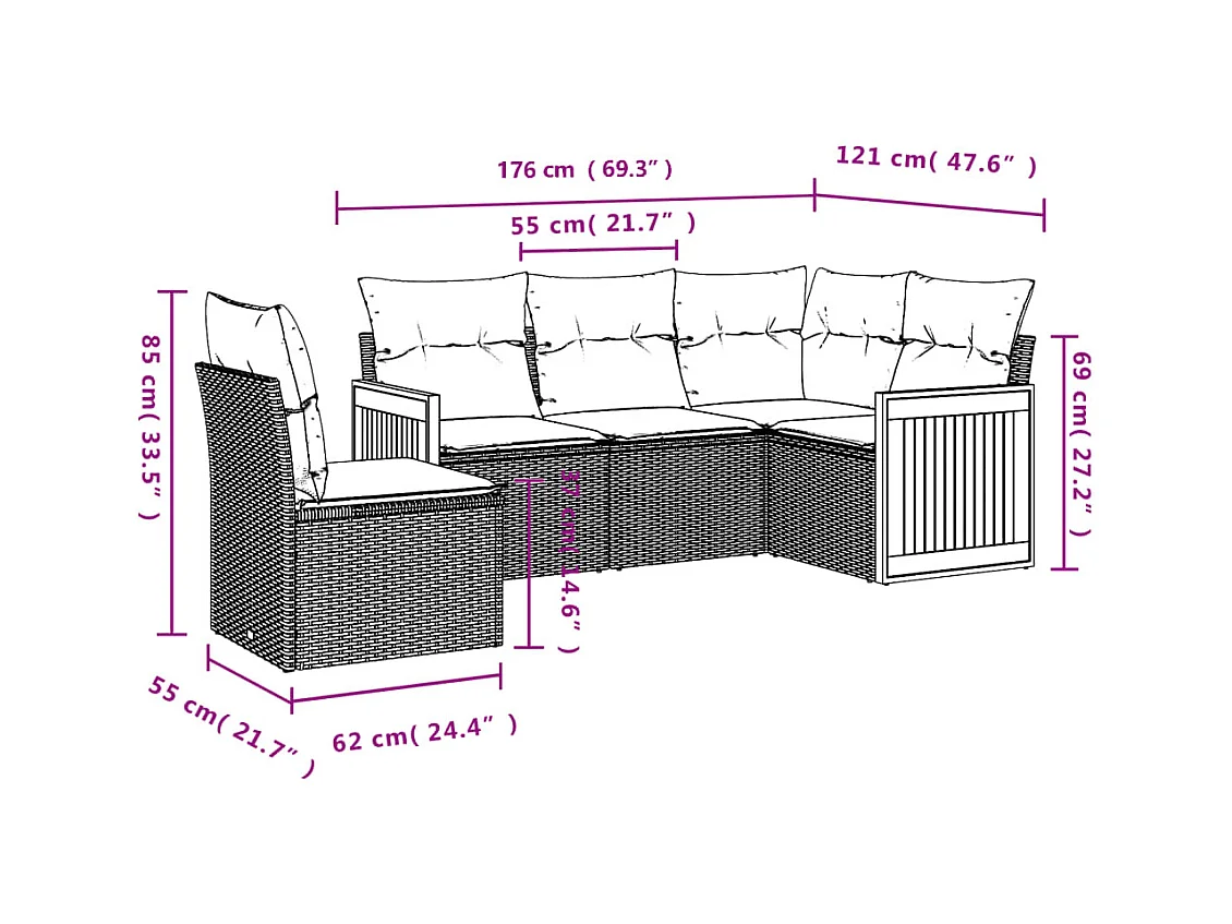Salon de jardin 5 pcs avec coussins noir résine tressée FR22868
