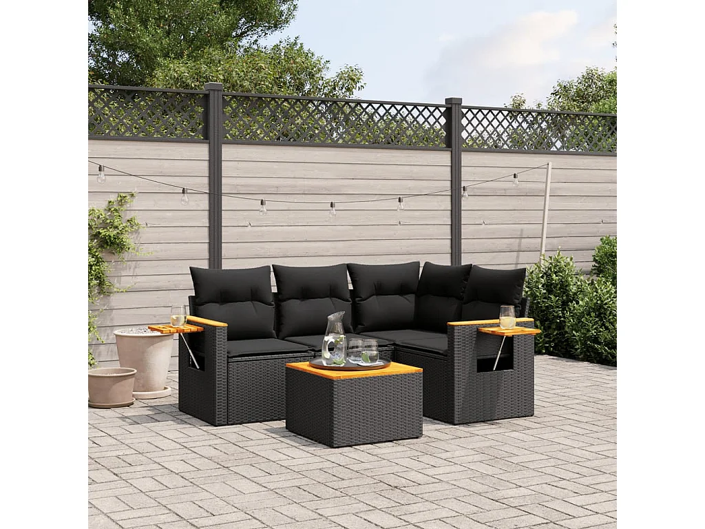 5 pcs conjunto sofás de jardim com almofadões vime PE preto PT529065