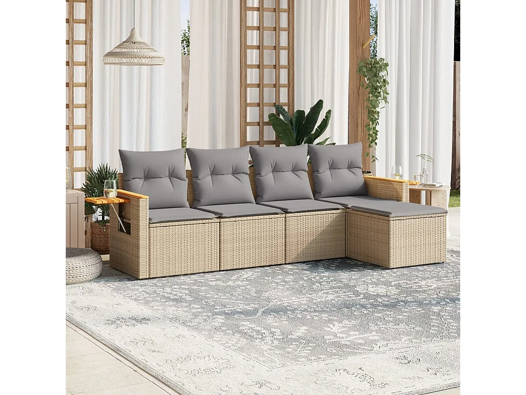 5-delige Loungeset met kussens poly rattan beige BE850255