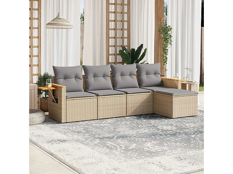 5-delige Loungeset met kussens poly rattan beige BE850255