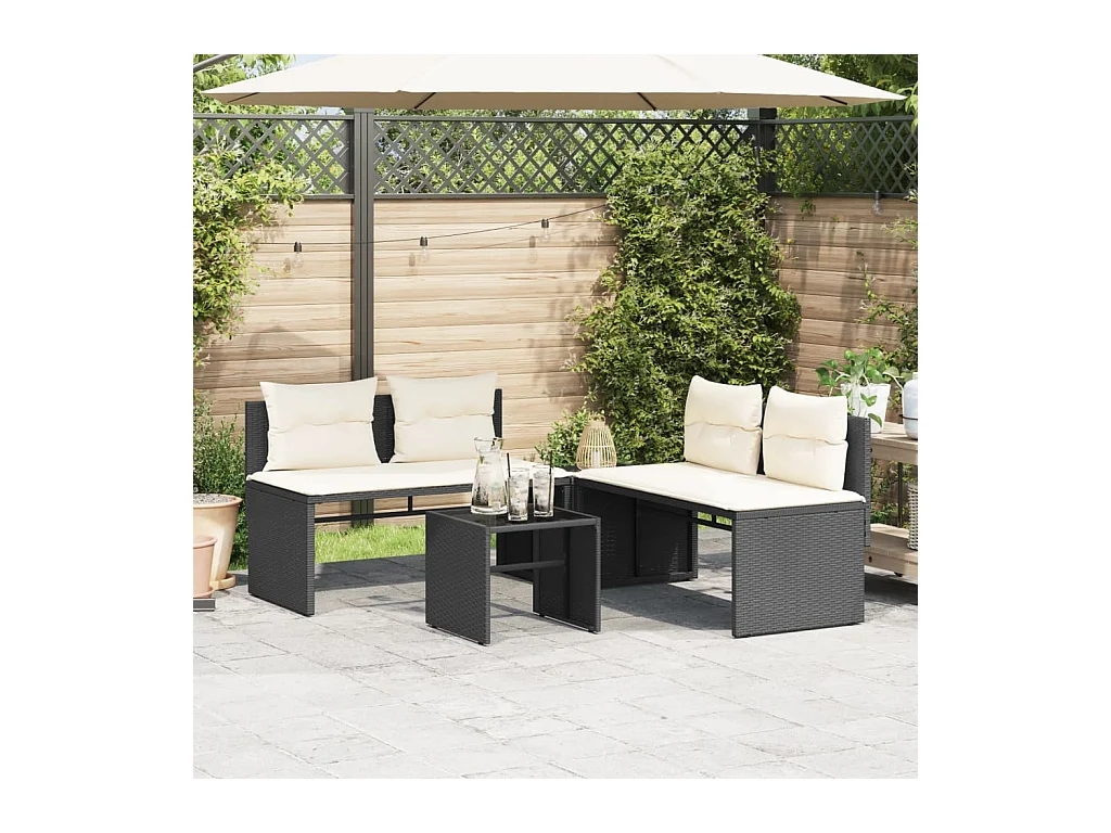 Salon de jardin 4 pcs avec coussins noir résine tressée FR37955