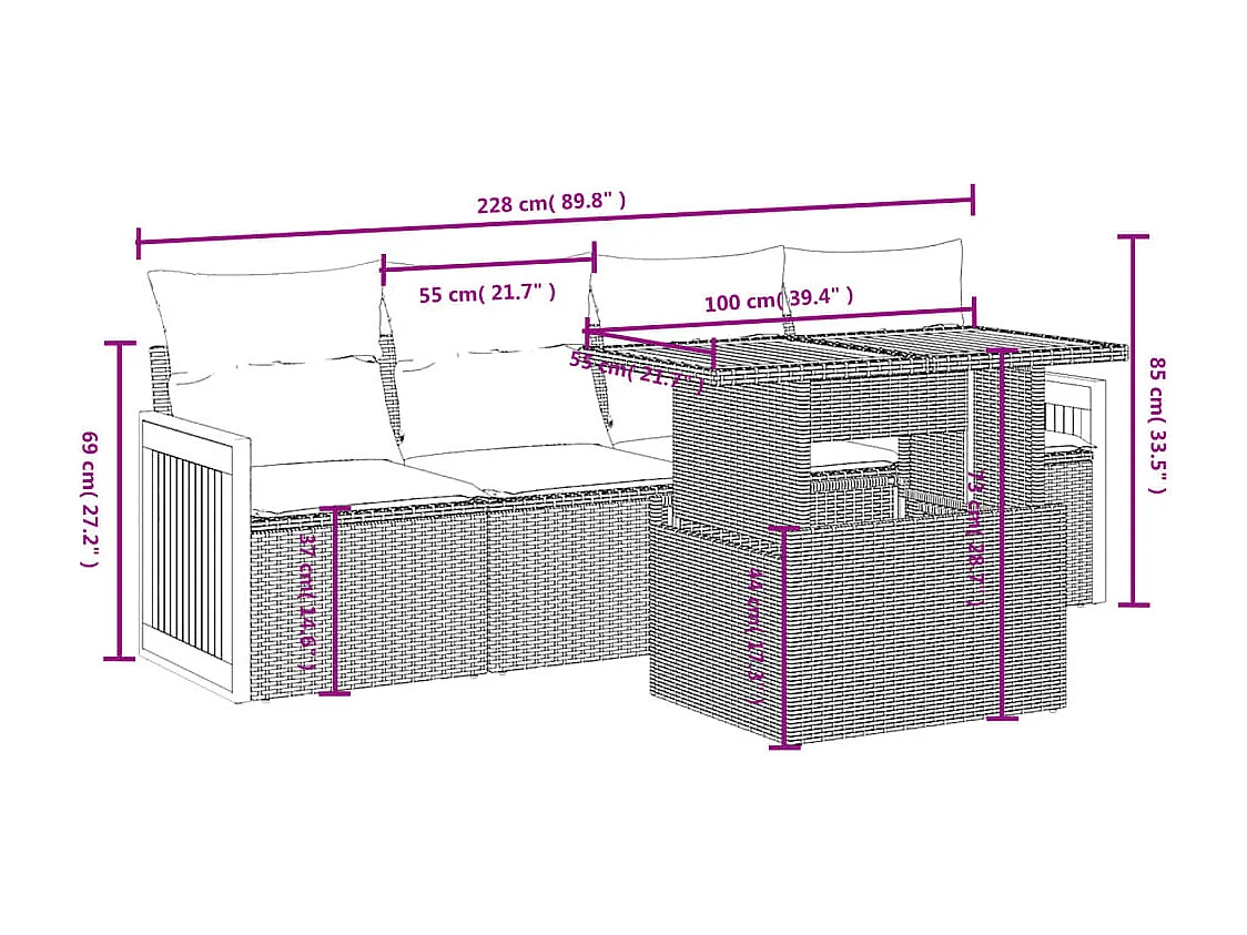 5 pcs conjunto sofás de jardim c/ almofadões vime PE cinzento PT277220