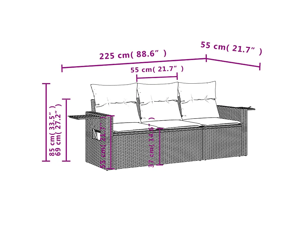 3 pcs conjunto sofás de jardim c/ almofadões vime PE cinzento PT278301